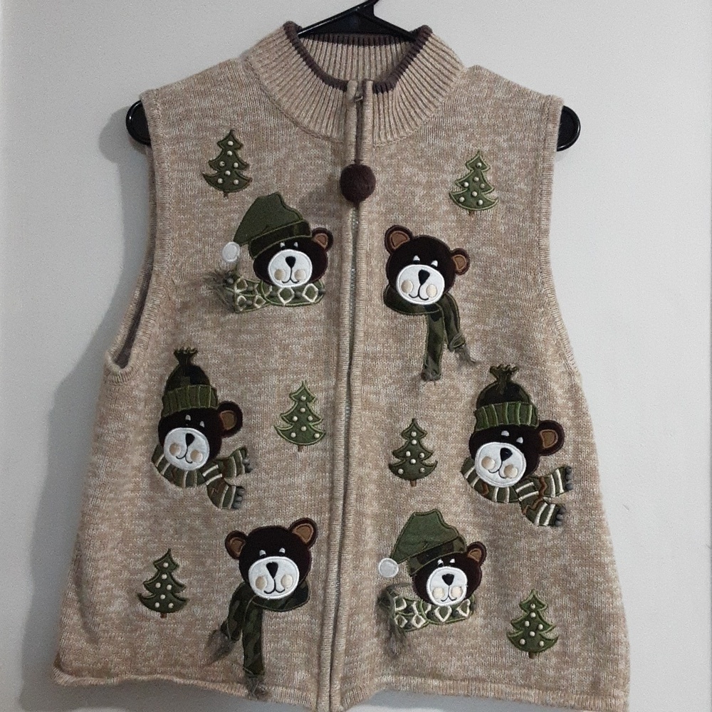 Vintage ugly winter sweater women XL tan full zip knit y2k retro casual grandpa